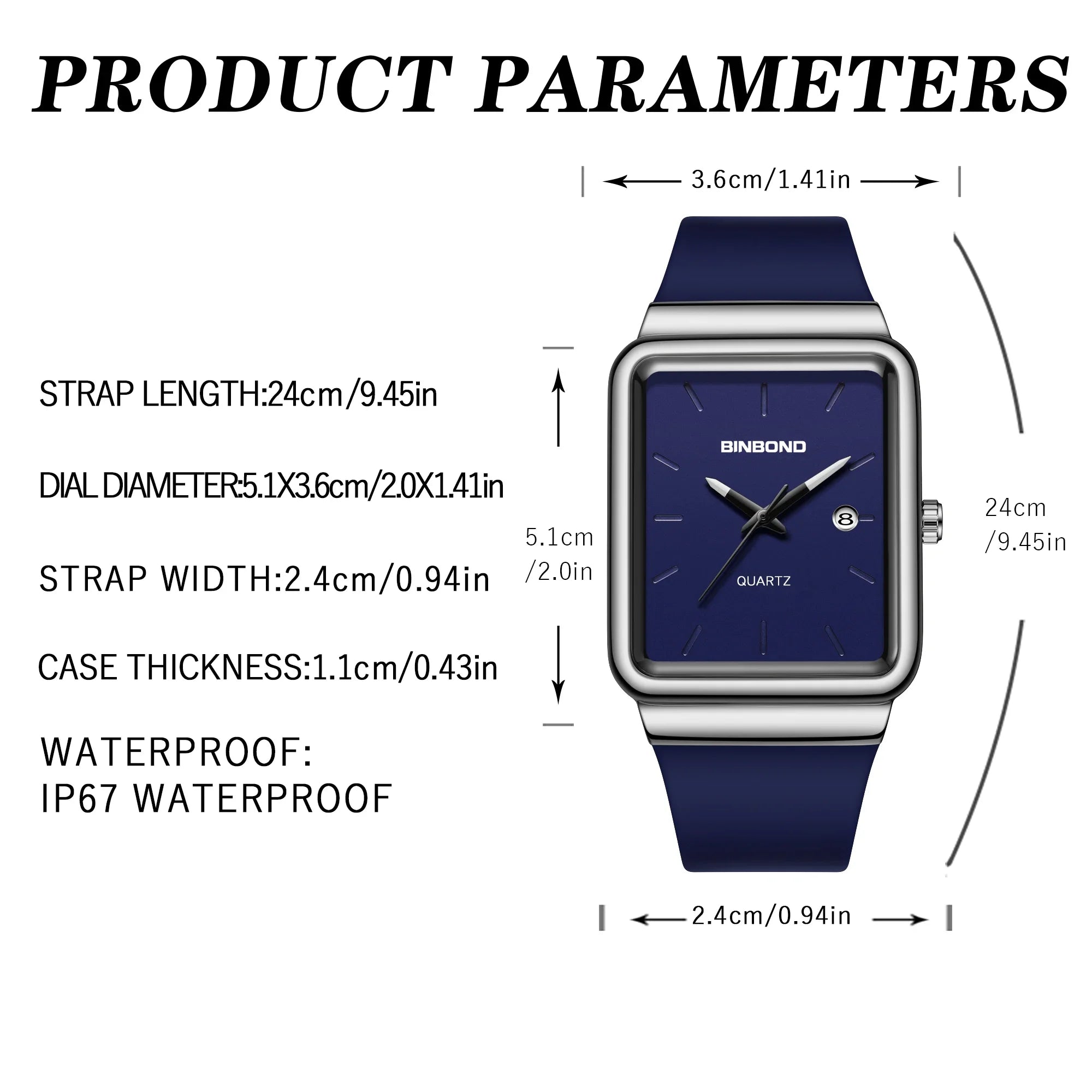 Montre Homme BINBOND Carré Quartz Silicone – Fashion Simple Étanche Tendance Original