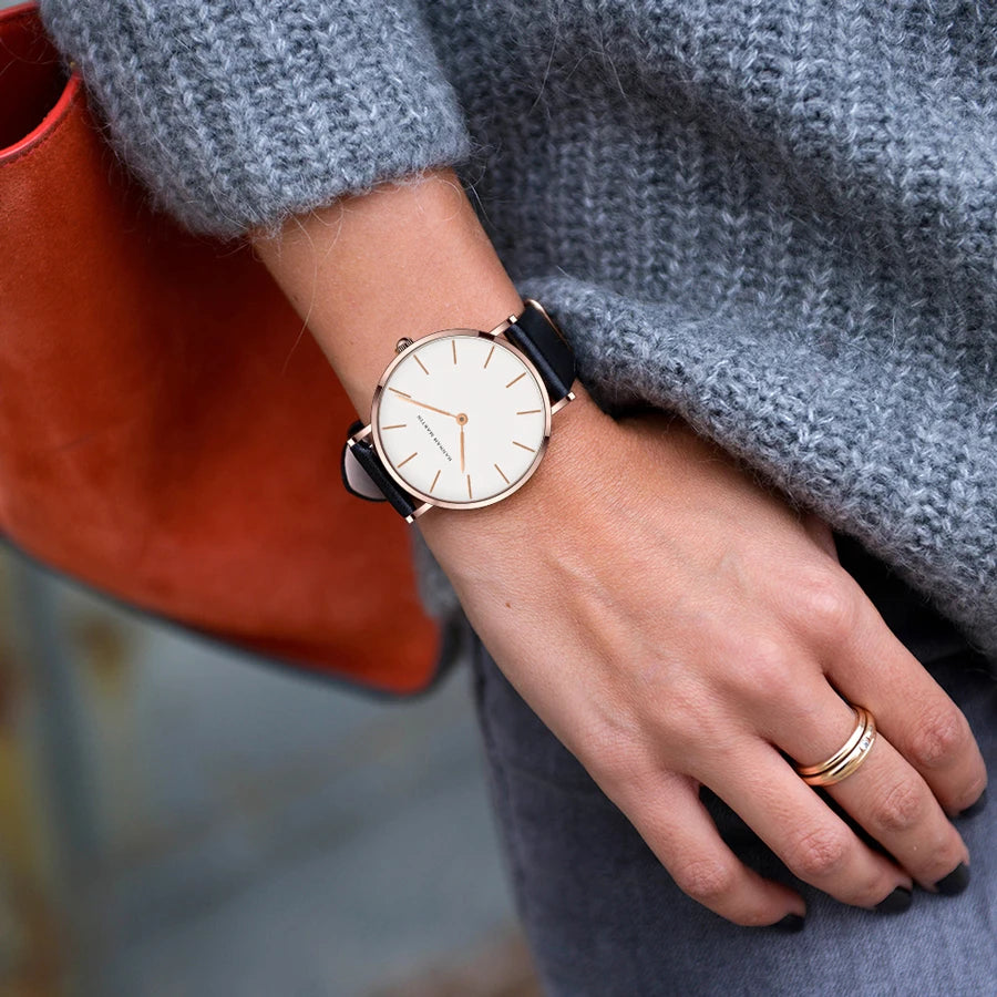 Montre Femme Luxe HANNAH MARTIN Ultra-Fine 36mm Cuir Or Rose – Étanche Élégante Fashion