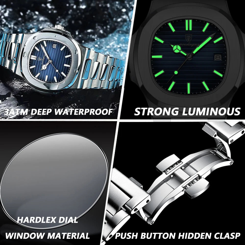 Montre Homme POEDAGAR Carré Luxe Quartz – Acier Lumineux Étanche Date Sport Business