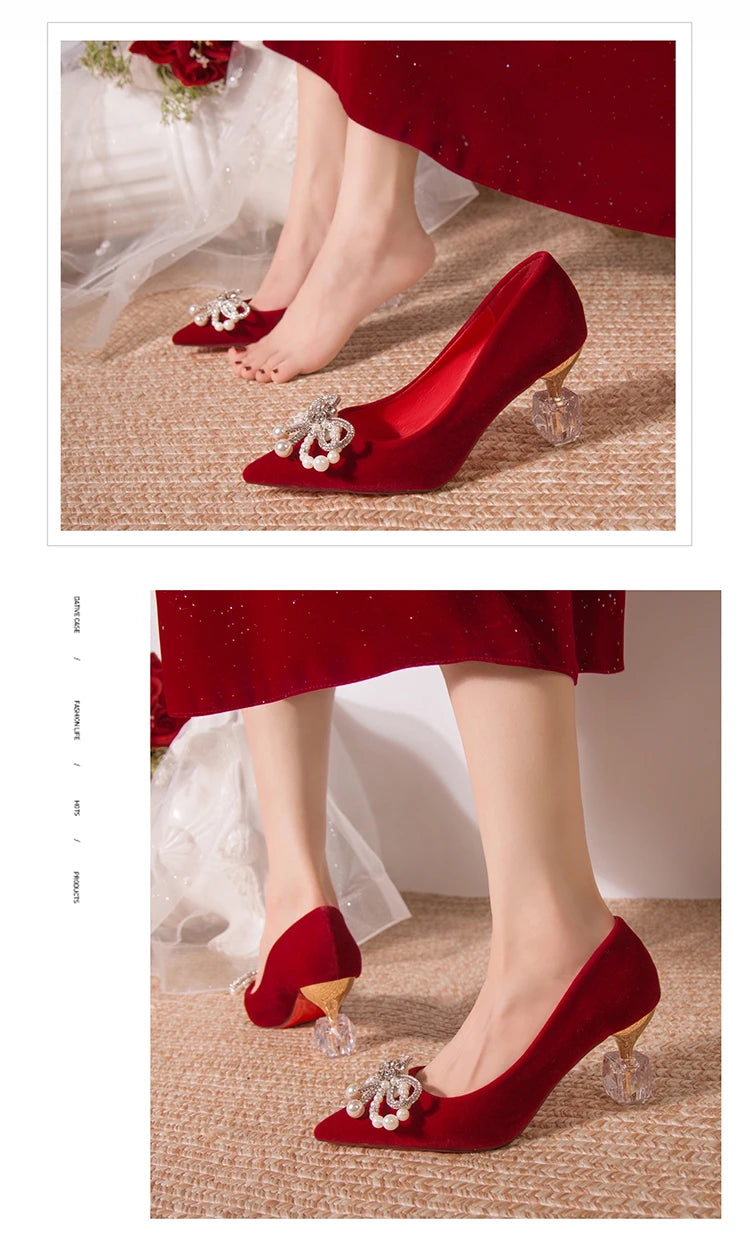 Chaussures Mariée Perle Talon Épais Bout Pointu – Xiuhe Robe Mariage Confortables