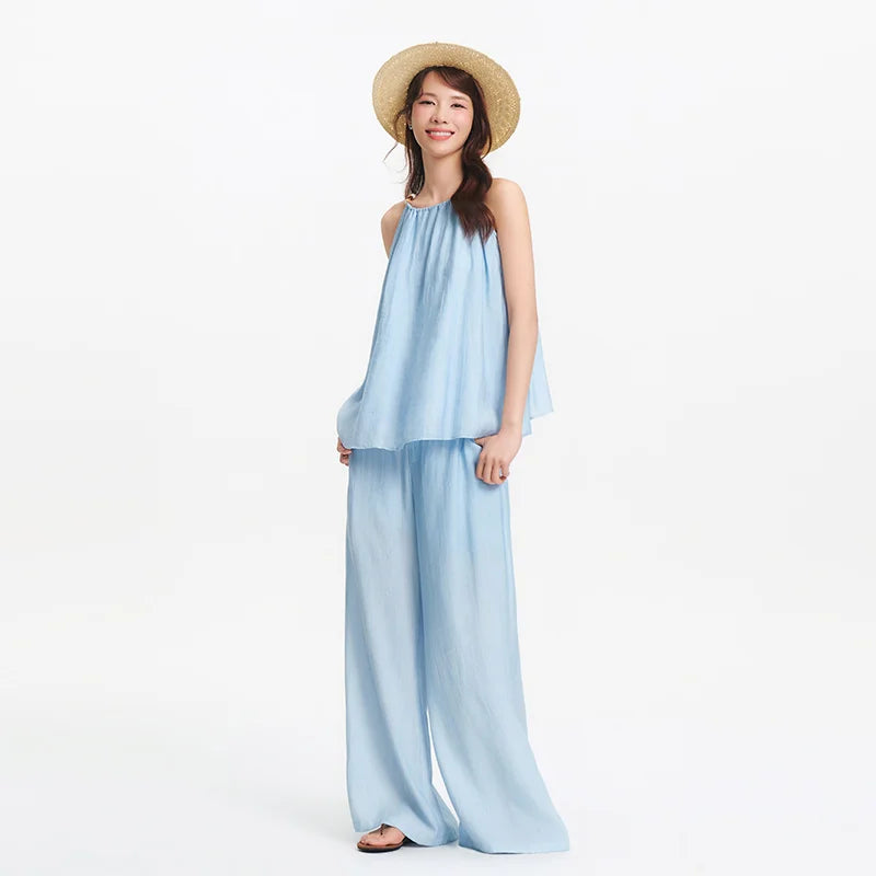 Ensemble 2 Pièces Femme Lin Pantalon Large Nœud Bretelles – Tenue Été Vacances Légère | Semir 2025