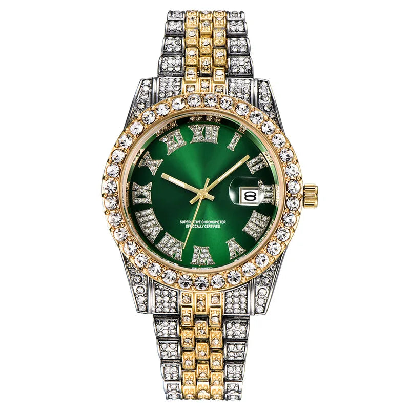 Montre Homme Hip Hop Diamant Fashion Bracelet Alliage Dorée Luxe Date Quartz Tendance Streetwear Bling | Montre Hip Hop Diamant Dorée Premium