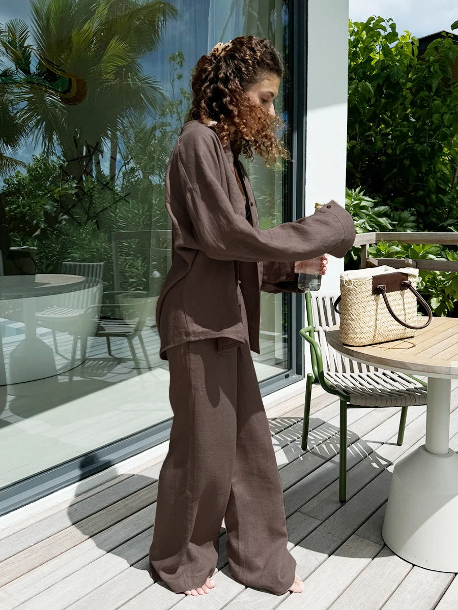 Damen-Zweiteiler aus Baumwolle, legeres Reverskragenhemd mit langen Ärmeln und Hose mit elastischem Bund, einfarbig, bequem – Sommer-Outfit | Bornladies