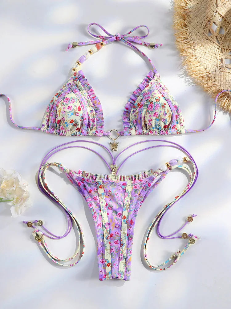 Bikini Femme 2 Pièces Imprimé Floral Micro Tanga Bandage Sexy – Maillot de Bain Été & Plage | 2026