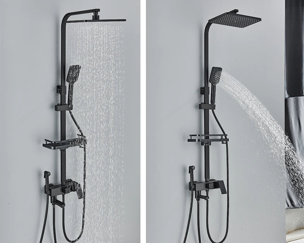 Rozin Ensemble Douche Pluie Mural Noir – Avec Bidet, Étagère & Bec Baignoire | Système Complet Laiton