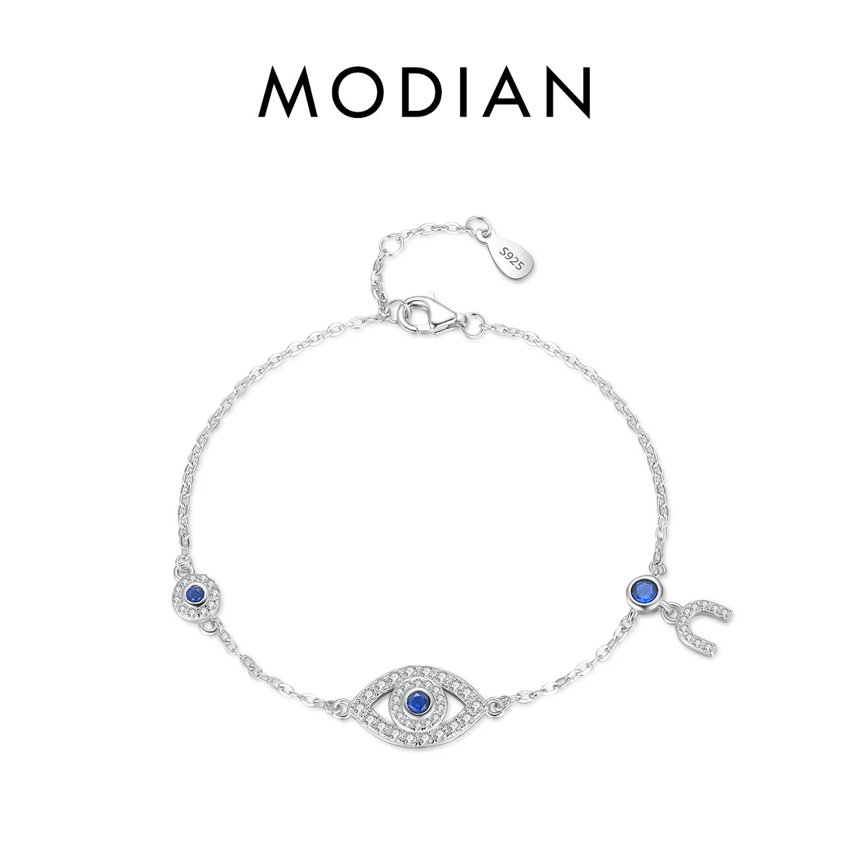Bracelet Argent 925 Pur MODIAN Luxe – Yeux Turquoise Bleu & Zircon Cubique Cristal Transparent | Bijou Fin Femme Chaîne Maille Élégante & Hypoallergénique
