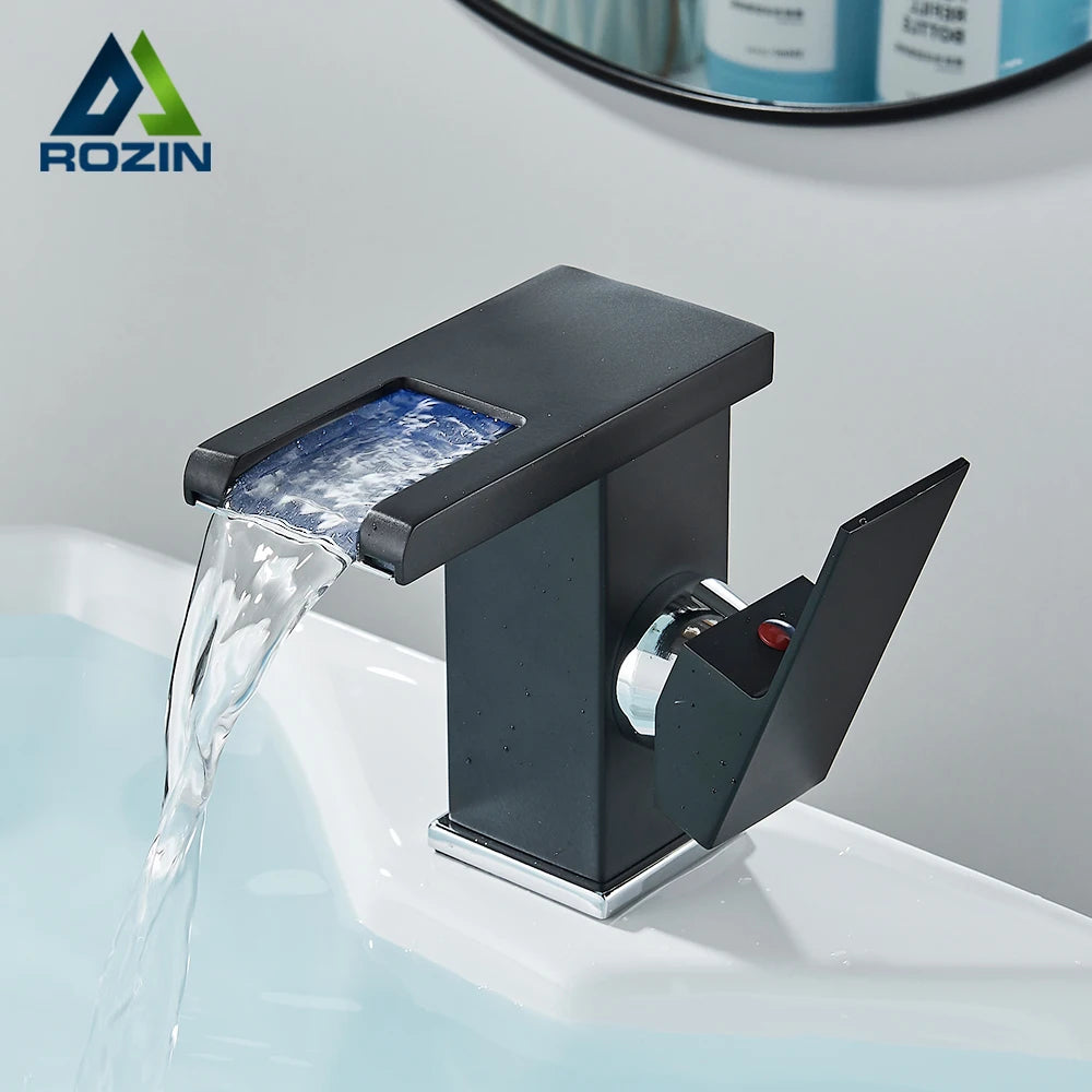 Rozin Robinet Lavabo Noir LED Cascade Hydroélectrique – Mitigeur Eau Chaude & Froide, Lumière LED Automatique | Vasque Design
