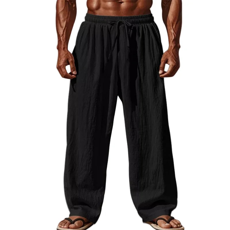 Pantalon Homme Lin Coton Casual Straight Leg Confortable – Cordon Taille Élastique Grande Taille S-4XL | Mode Homme Décontracté