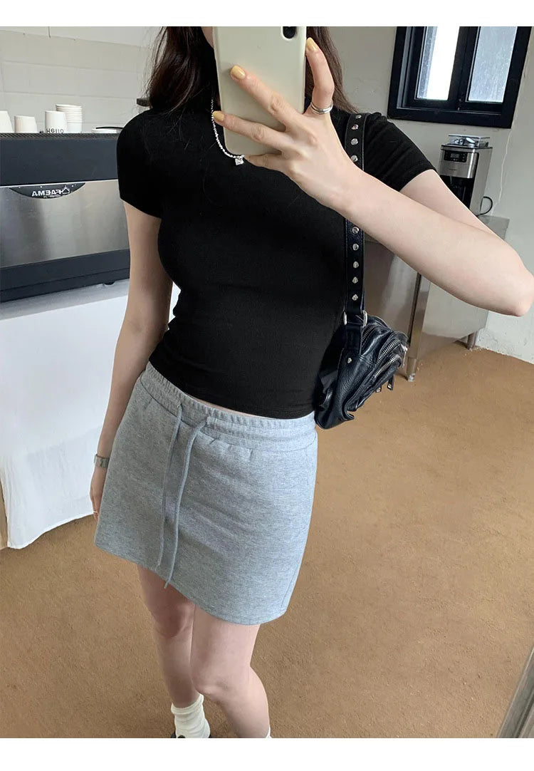 Crop Top Basique Uni Femme – Manches Courtes Col Rond Ajusté | Style Y2K Vintage Harajuku Streetwear