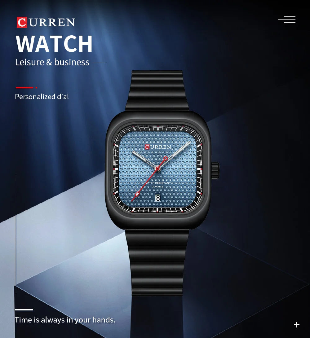 Herrenuhr CURREN Quadrat Business Quarz – Edelstahlarmband Automatische Datumsanzeige