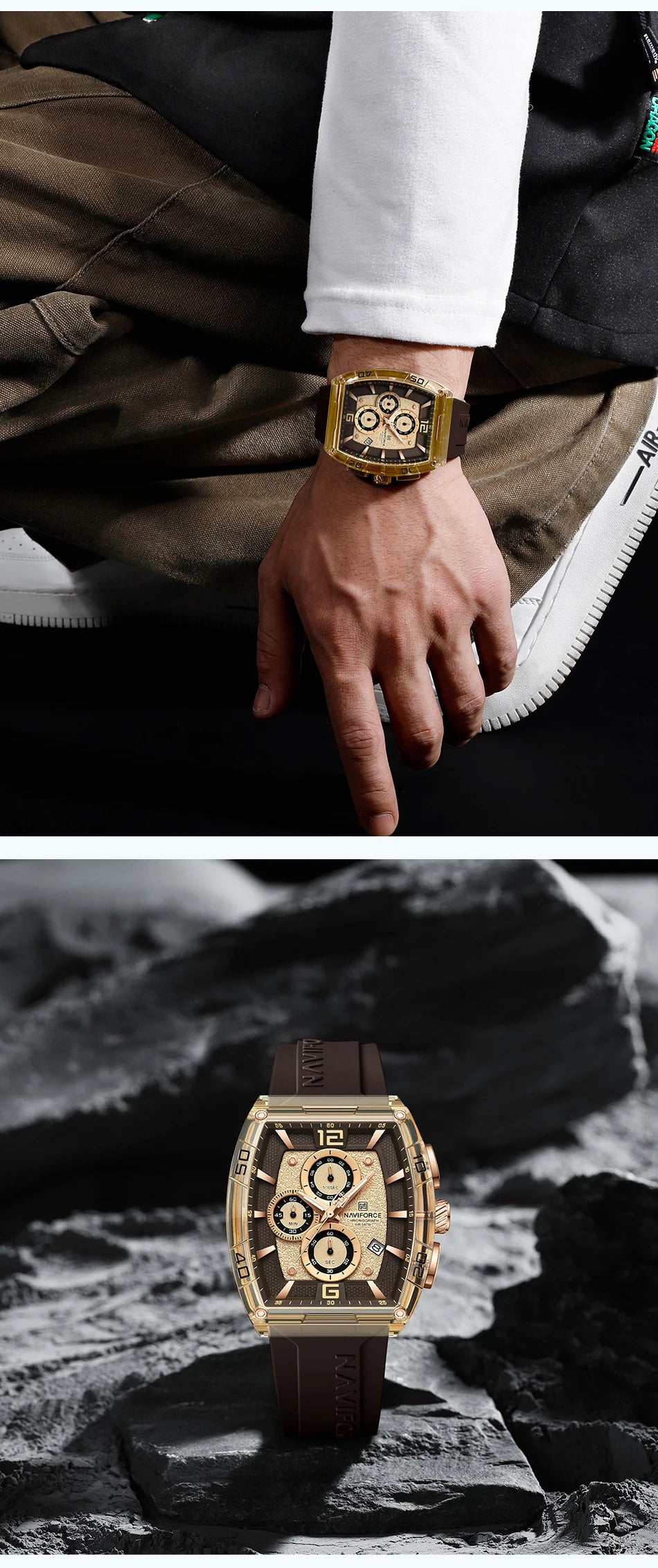 Montre Homme NAVIFORCE Luxe Sport Étanche Bracelet Silicone Quartz Lumineux Chronographe Coffret Cadeau Inclus | Montre NAVIFORCE Chronographe Sport Luxe Premium