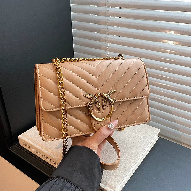 Sac Bandoulière Femme Chaîne Métal Logo – Pochette Crossbody Couleur Unie Fermeture Magnétique