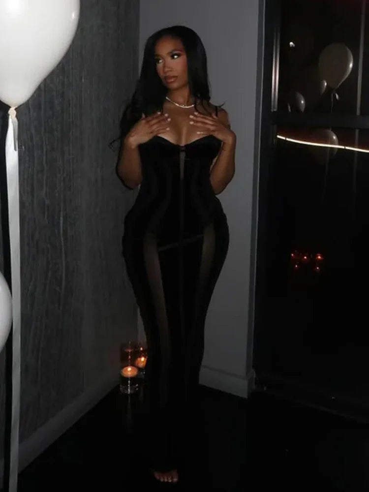 Robe Maxi Femme Velours Noir Transparente Mesh Épaules Dénudées Taille Cinée Slim – Soirée & Club | 2026