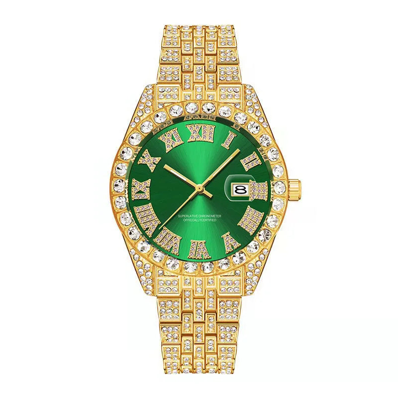 Montre Homme Hip Hop Diamant Fashion Bracelet Alliage Dorée Luxe Date Quartz Tendance Streetwear Bling | Montre Hip Hop Diamant Dorée Premium