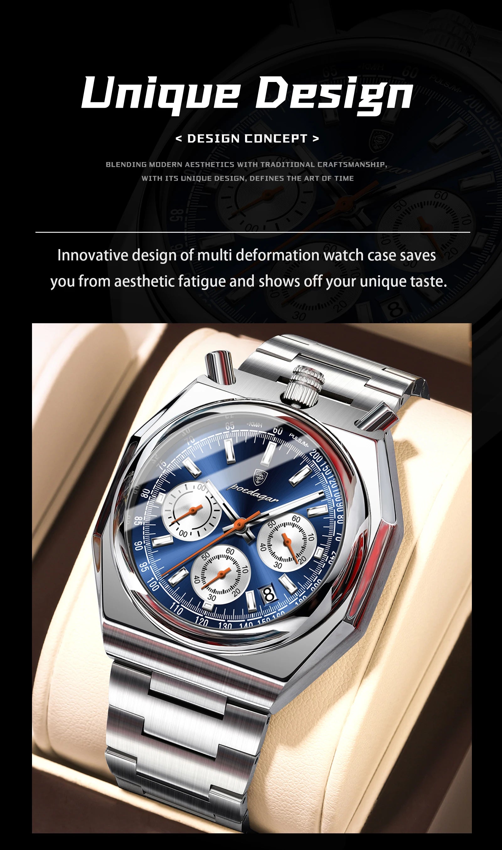 Montre Homme Luxe POEDAGAR Chronographe Militaire Acier Inoxydable Lumineux Étanche + Boîte