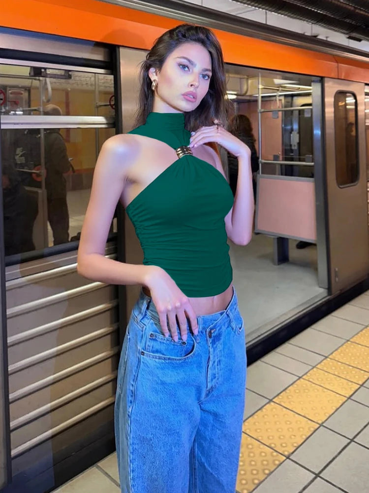 Top Débardeur Femme Nœud Métal Plissé Sans Manches Stretch Slim – Casual Streetwear Polyvalent | Été