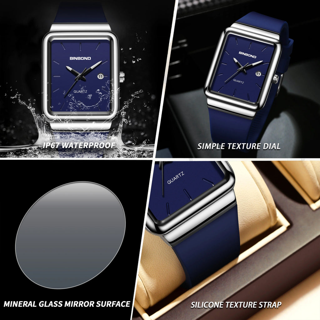 Montre Homme BINBOND Carré Quartz Silicone – Fashion Simple Étanche Tendance Original