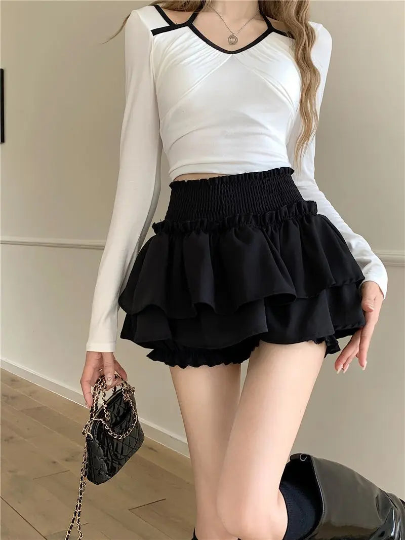 Mini Jupe Femme Balletcore Taille Haute Élastique Volantée Patchwork Lolita Style Coréen Kawaii Y2K – Jupe Courte Douce Sexy | Mode