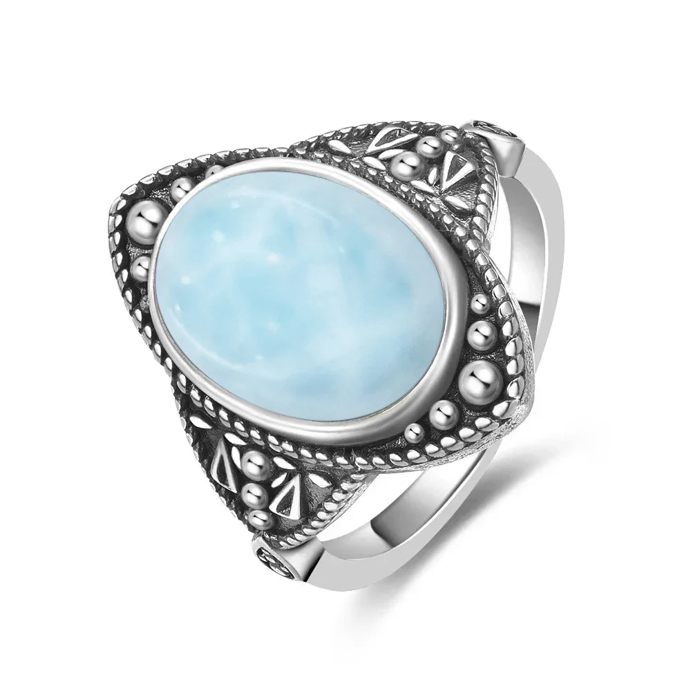 Bague Argent 925 Pierre Larimar Naturelle Vintage – Forme Fleur Ronde Bleu Ciel & Eau de Mer | Bijou Fin Unisexe Pierre Rare des Caraïbes & Cadeau Premium