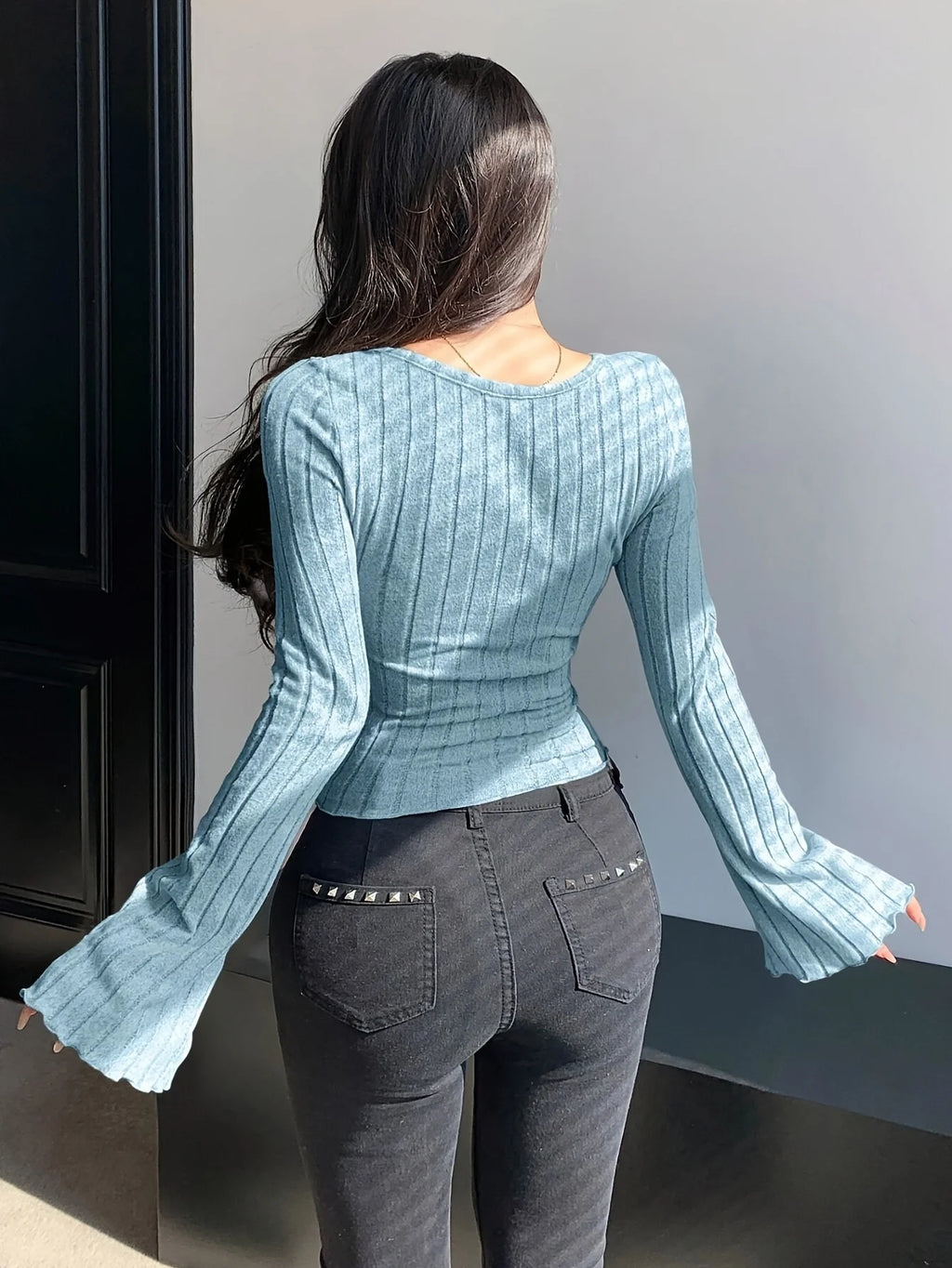 Damen Strick-Top Quadratischer Ausschnitt Langarm Überkreuzte Träger Gerippt Schmale Passform Casual – T-Shirt Streetwear Herbst Winter | Mode