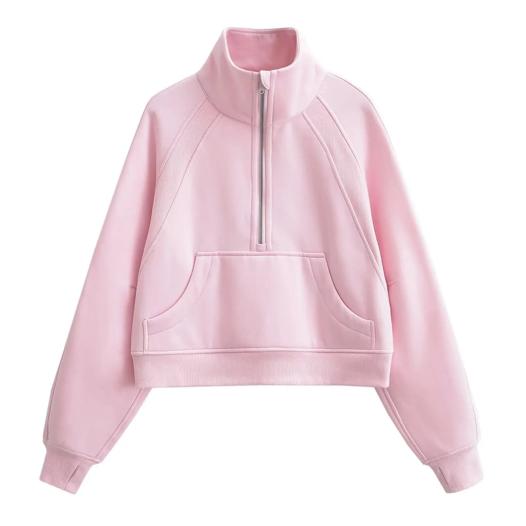 Sweat Femme Oversize Zip Polaire – Hoodie Streetwear Chaud Casual Rose Blanc