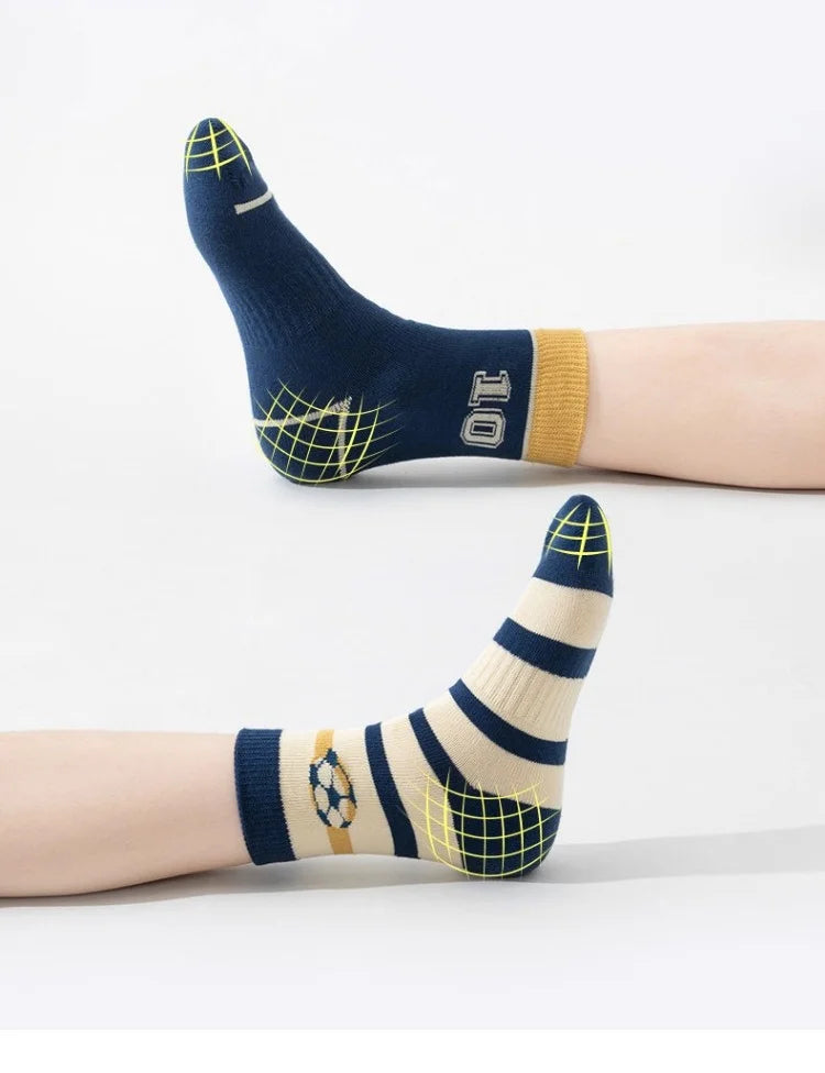 Lot 5 Paires Chaussettes Garçon Coton Rayures Motif Football – Chaussettes Enfant Printemps Automne 1-14 Ans
