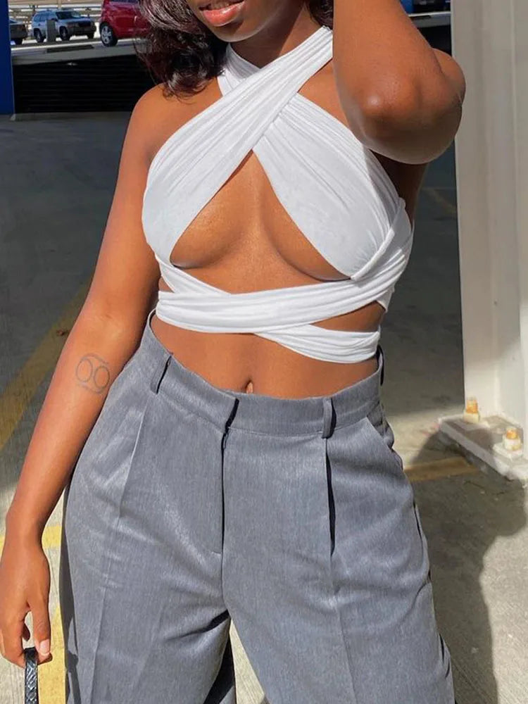 Crop Top Femme Bretelles Croisées Dos Nu Halter Neck Sans Manches Bandage Sexy – Haut Court Été Sensuel | Mode