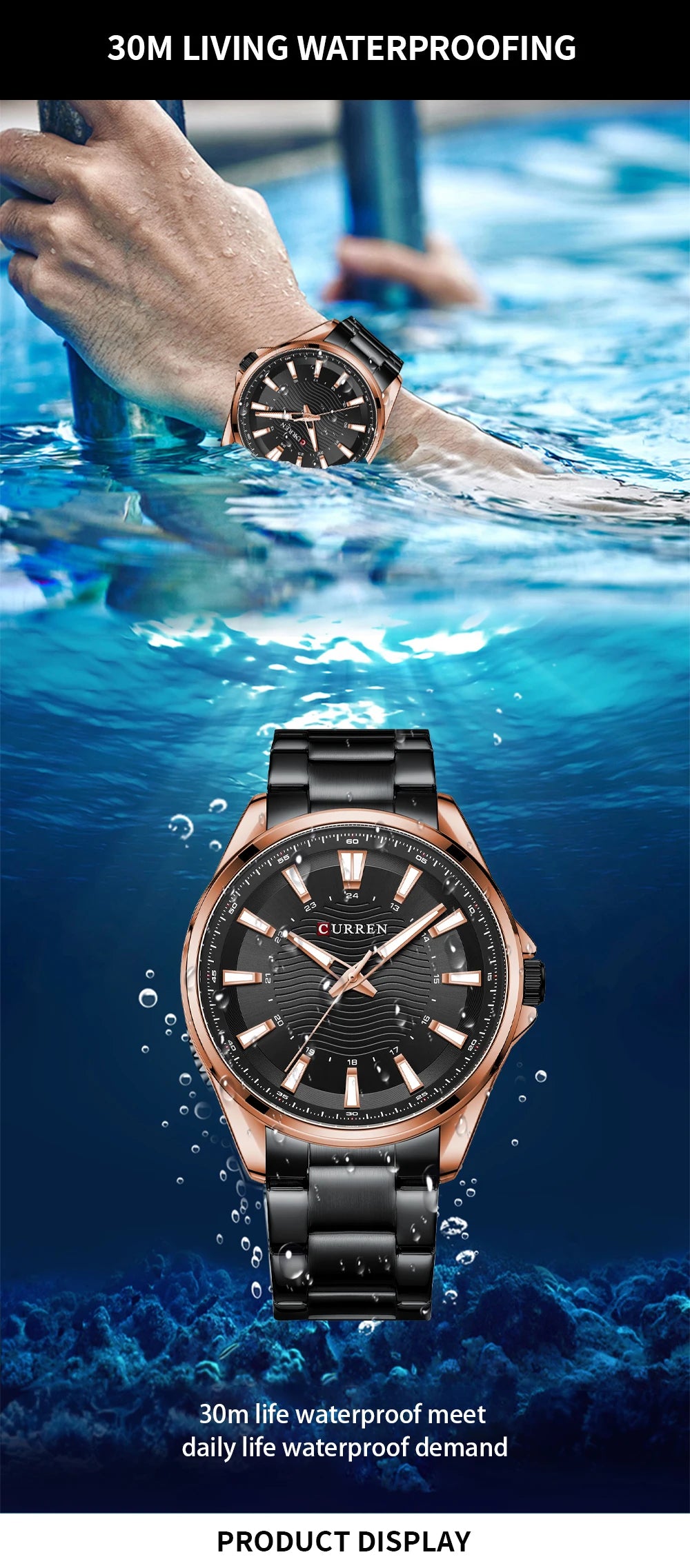 Montre Homme CURREN Business Casual Quartz 44mm – Acier Noir Lumineux Étanche Fashion