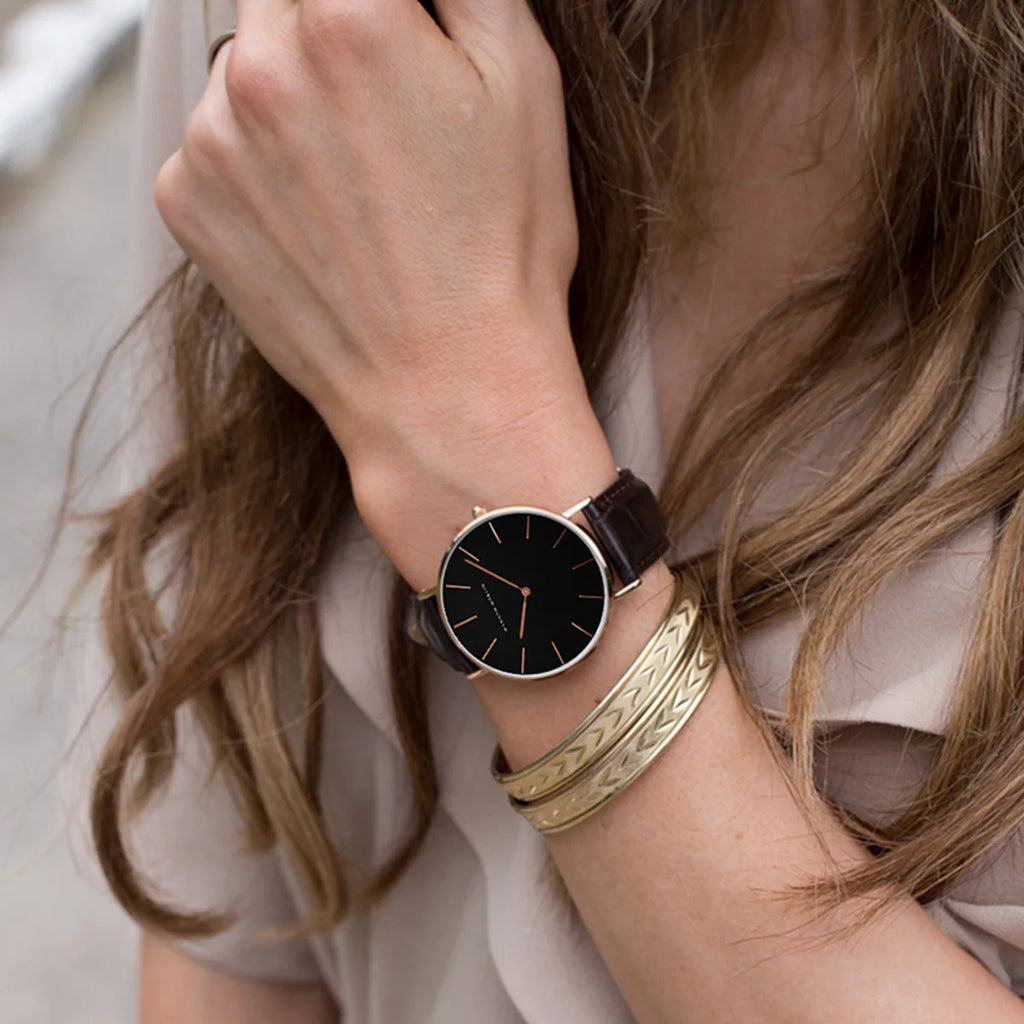 Montre Femme Luxe HANNAH MARTIN Ultra-Fine 36mm Cuir Or Rose – Étanche Élégante Fashion