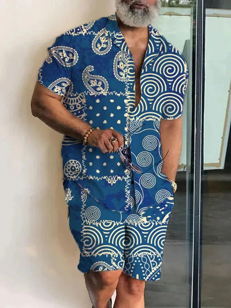 Ensemble 2 Pièces Homme Chemise Hawaïenne Manches Courtes + Short À Cordon Été Vacances Resort | Set Hawaii Premium