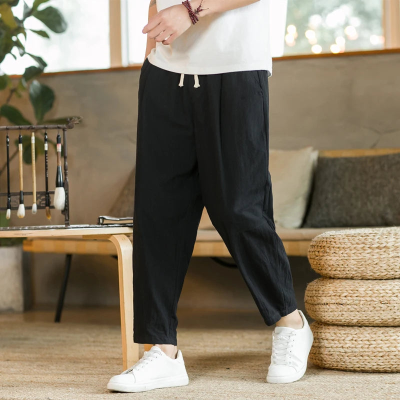 Pantalon Homme Lin Coton Casual Couleur Unie Respirant Loose Straight Baggy Léger – Cordon Streetwear Sport | Mode Homme Confort