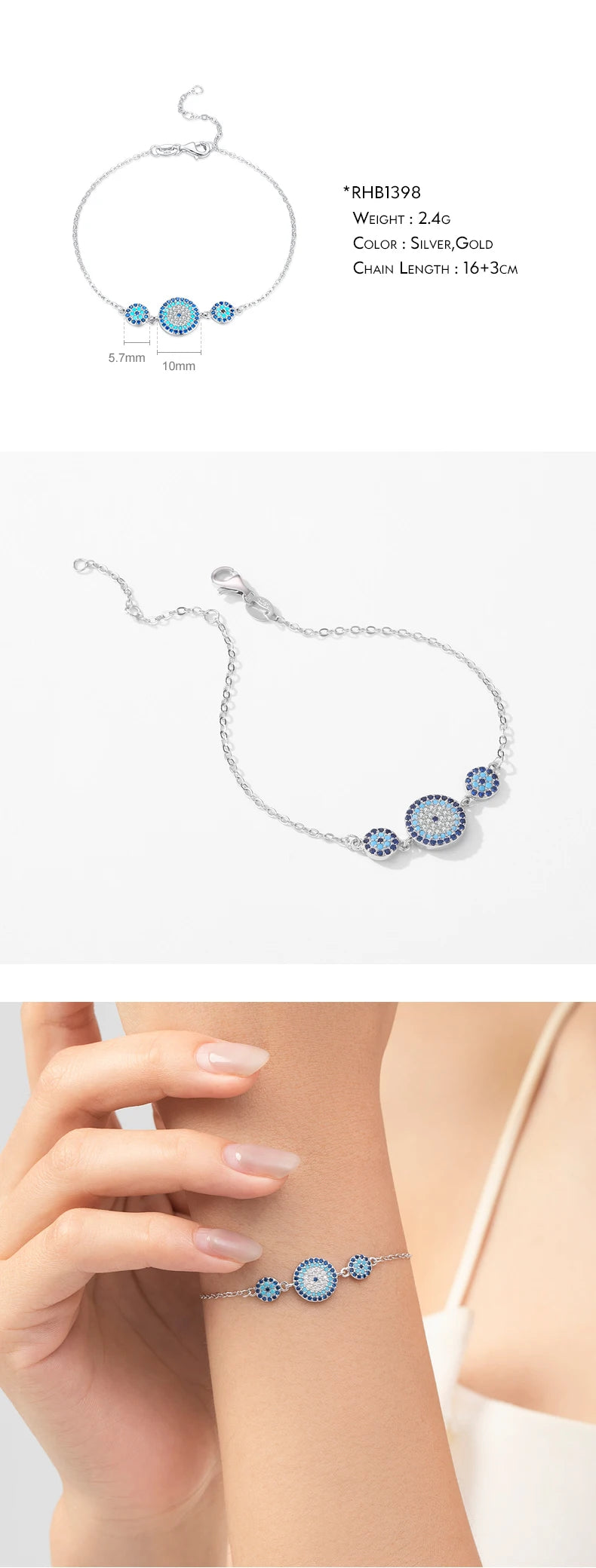 Bracelet Argent 925 Pur MODIAN Luxe – Yeux Turquoise Bleu & Zircon Cubique Cristal Transparent | Bijou Fin Femme Chaîne Maille Élégante & Hypoallergénique