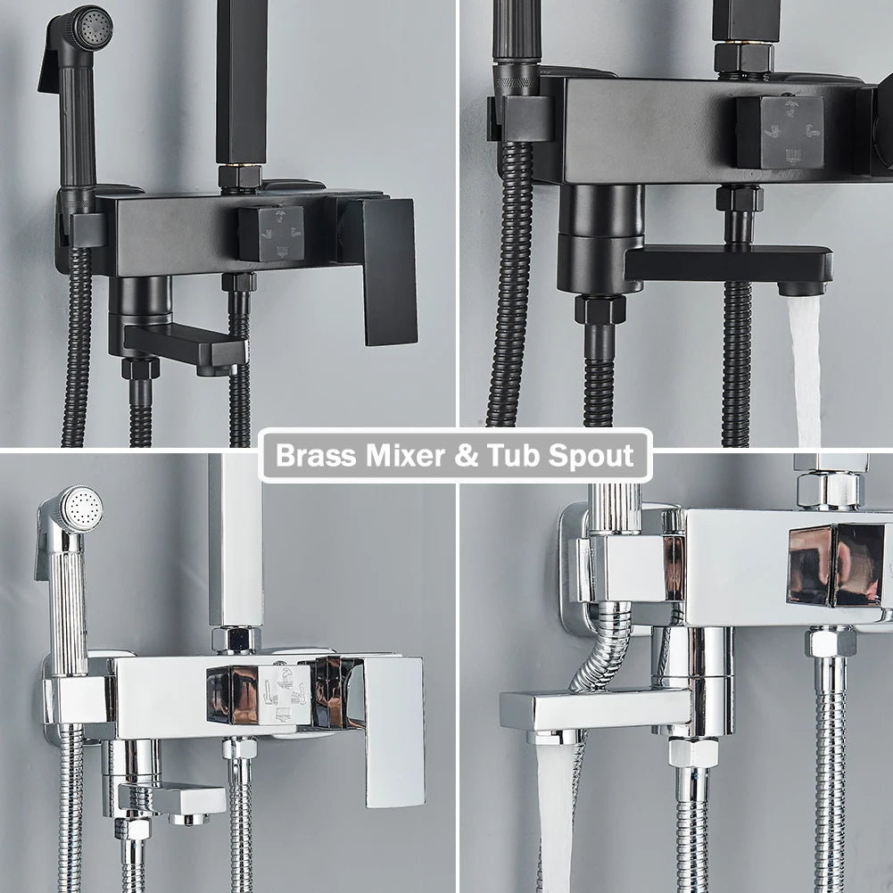 Rozin Ensemble Douche Pluie Mural Noir – Avec Bidet, Étagère & Bec Baignoire | Système Complet Laiton