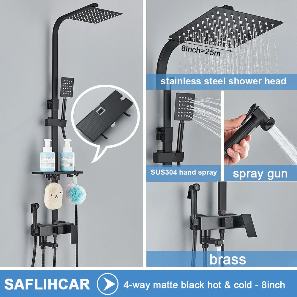 Ensemble Douche Pluie Mural Noir & Chrome Laiton – Étagère Offerte, Mitigeur Eau Chaude & Froide | Système Complet Salle de Bain