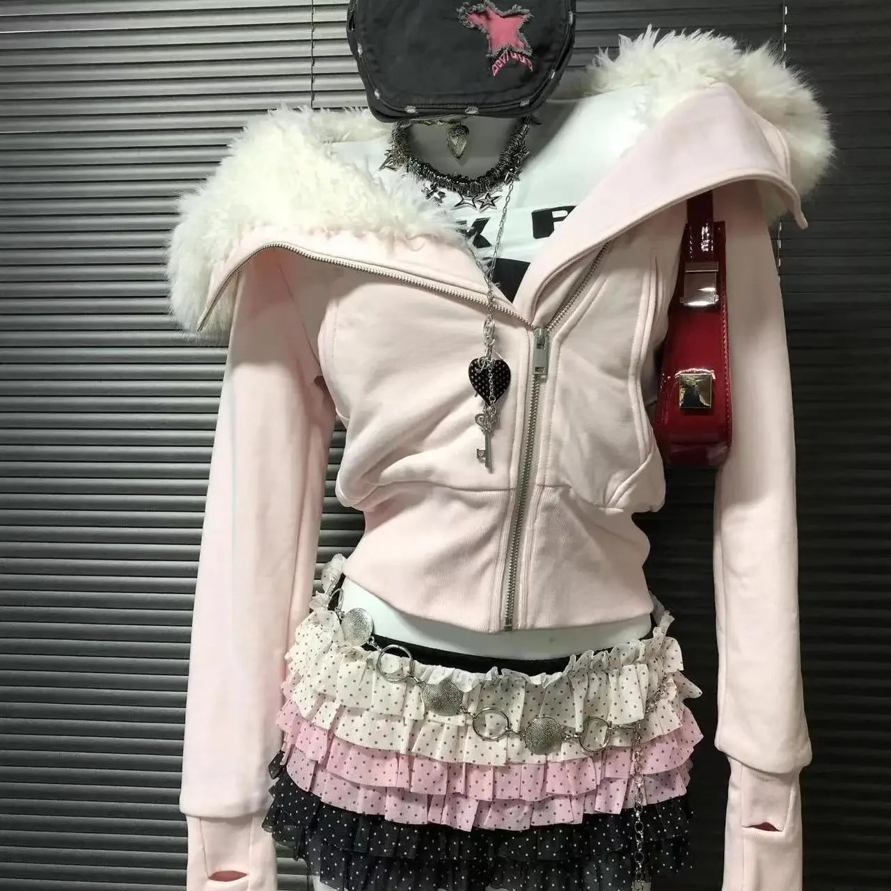 Sweat à Capuche Femme Fourrure Synthétique Rose Vintage Américain Y2K Harajuku Col Fausse Fourrure Slim Centuré – Veste Tendance Hot Girl | Mode