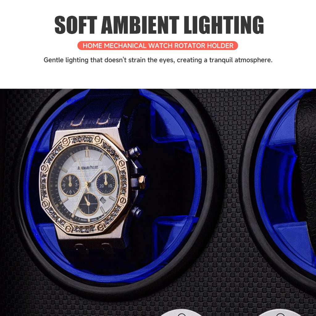 Remontoir Montre Automatique 1/2/4/6 Slots Boîte Bois Moteur Silencieux LED Bleue Vitrine Bijoux Premium | Remontoir Montre Automatique Bois LED Premium