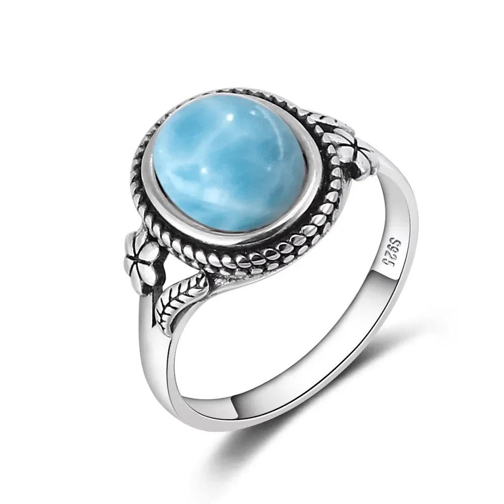 Bague Argent 925 Pierre Larimar Naturelle Vintage – Forme Fleur Ronde Bleu Ciel & Eau de Mer | Bijou Fin Unisexe Pierre Rare des Caraïbes & Cadeau Premium