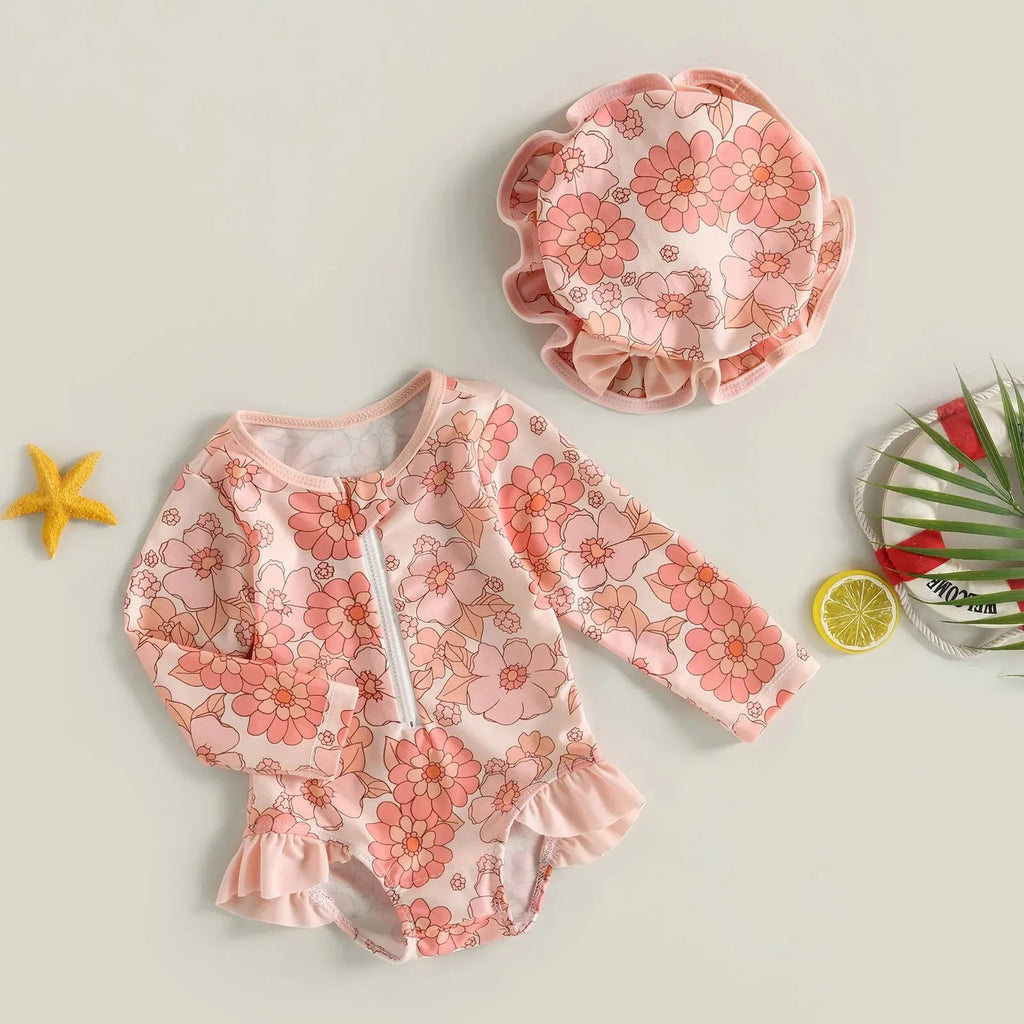 Maillot de Bain Bébé Fille Combinaison Zipper – Imprimé Flamant Rose Fleurs Manches Longues + Bandeau Été