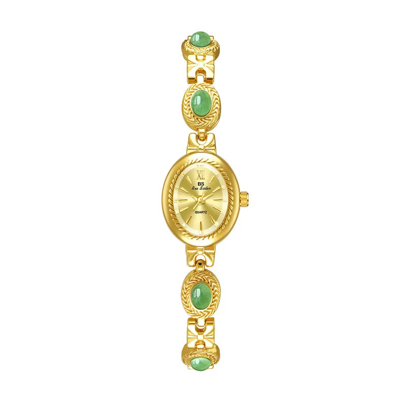 Montre Femme Luxe Jade Bracelet Quartz Dorée – Élégante Fashion Cadeau Idéal