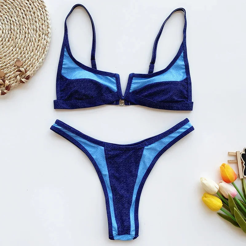 Bikini Femme 2 Pièces Denim Effet Jeans Tanga V Push-Up – Maillot de Bain Sexy Été & Plage