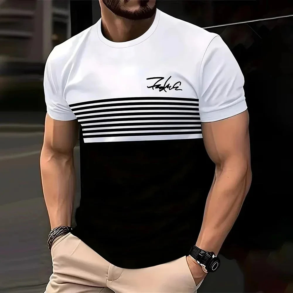 T-shirt Homme 3D Rayé Col Rond – Streetwear Casual Été Tendance Pullover