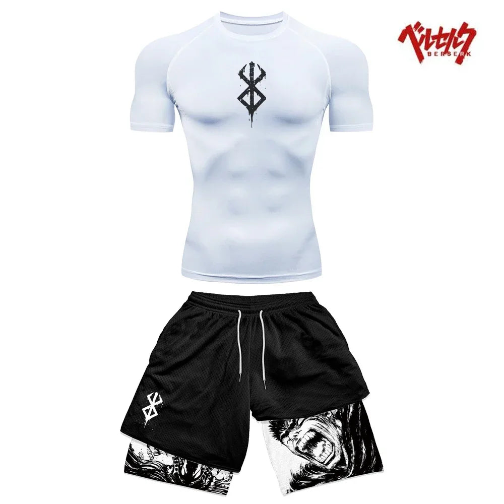 Ensemble Compression Homme Anime Berserk – T-Shirt + Short Gym Séchage Rapide | Running, Fitness & Workout Été | Sportswear Manga