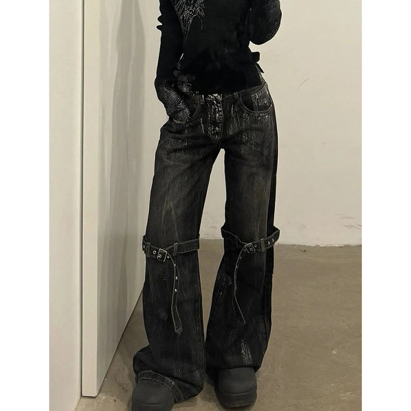Jean Large Femme Noir Taille Haute Y2K Harajuku Étoiles Hip Hop Streetwear – Pantalon Denim Jambe Large Tendance | Style Coréen
