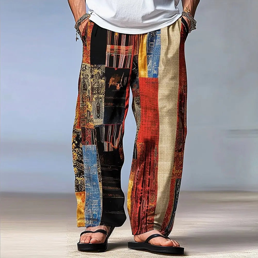 Pantalon Homme Color Block Patchwork Taille Élastique Cordon – Coupe Droite Casual Outdoor Style Hawaïen | Mode Homme