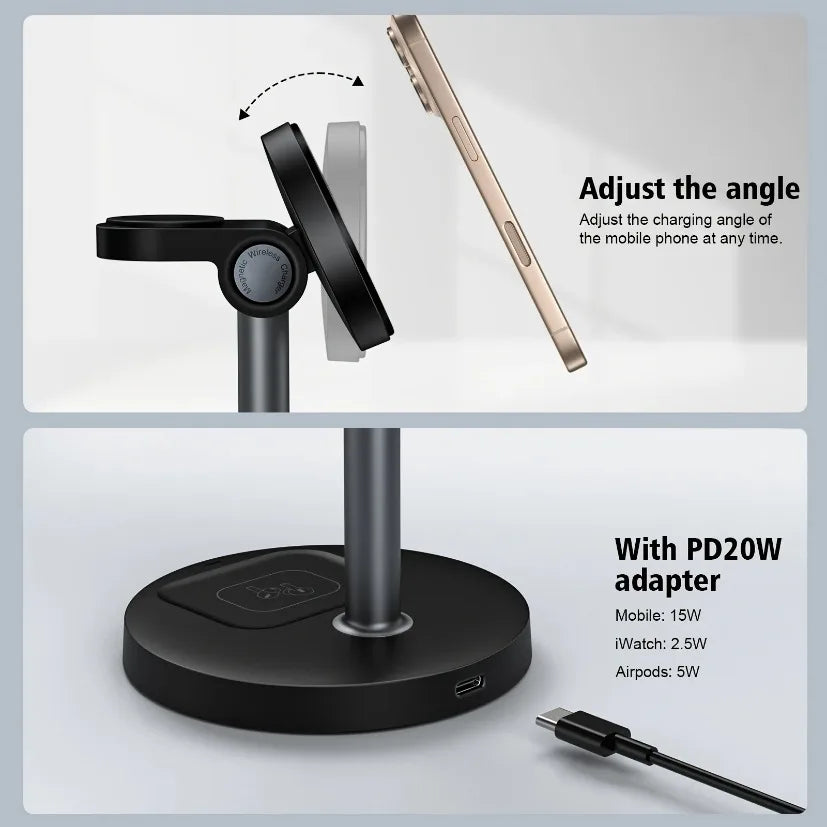 Chargeur 3-en-1 Magnétique Ajustable – iPhone 16-13 iWatch 10-8 AirPods Pro Charge Rapide