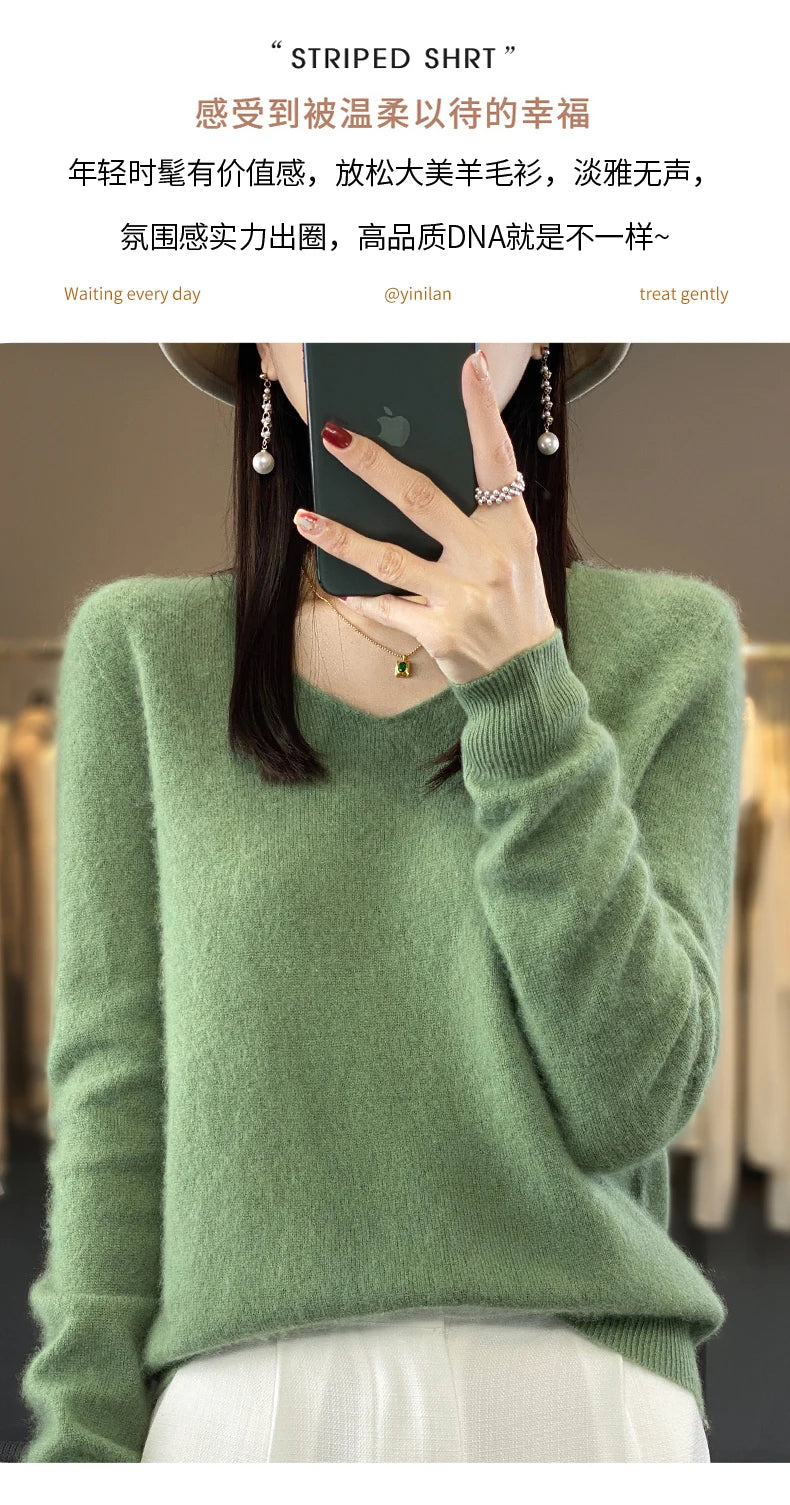 Kaschmirpullover 100% Wolle V-Ausschnitt Damen - Strick Casual Korean Fashion Herbst Winter