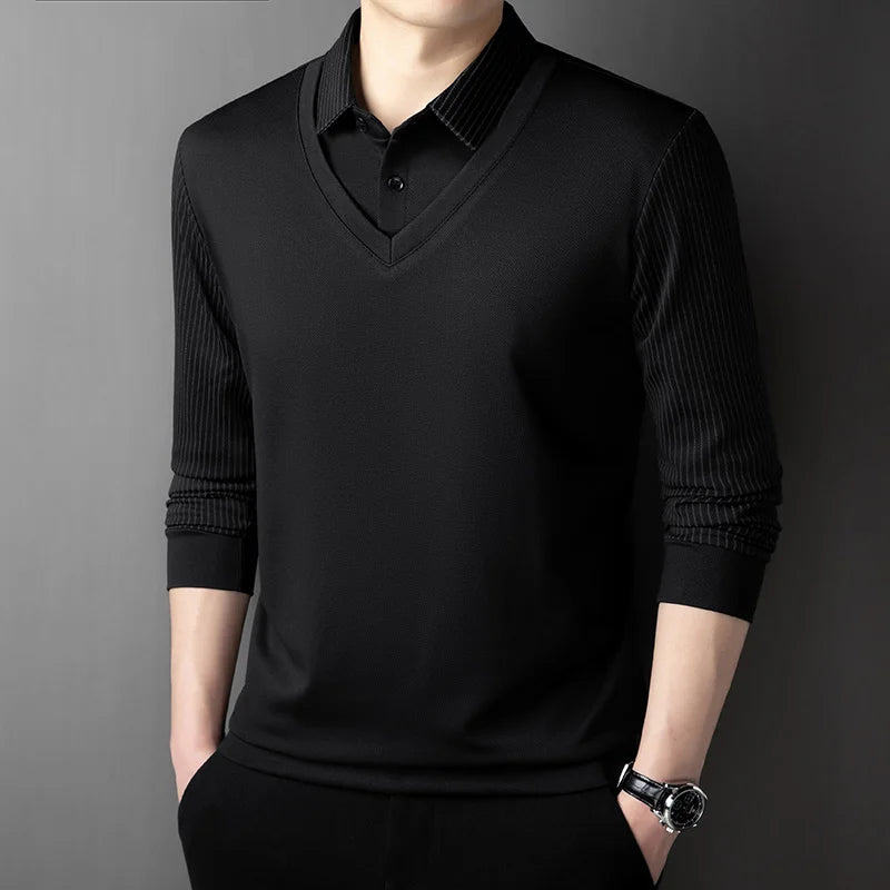 Polo Homme Manches Longues Faux Deux Pièces Couleur Unie – Business Casual Élégant Toutes Saisons Polyvalent | Mode Homme Premium