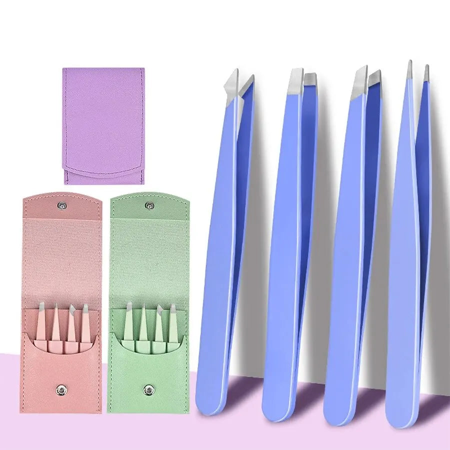 4er Set Profi-Pinzetten aus Edelstahl – Gerade & Schräge Spitze | Präzise Haarentfernung & Augenbrauenformung | Beauty-Tool für Damen