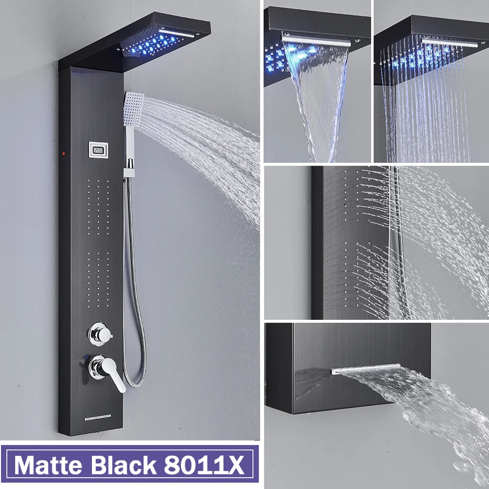Rozin Colonne Douche Noire LED – 5 Modes dont Jets Massage & Cascade, Pluie, Affichage Digital | Panneau SPA Salle de Bain