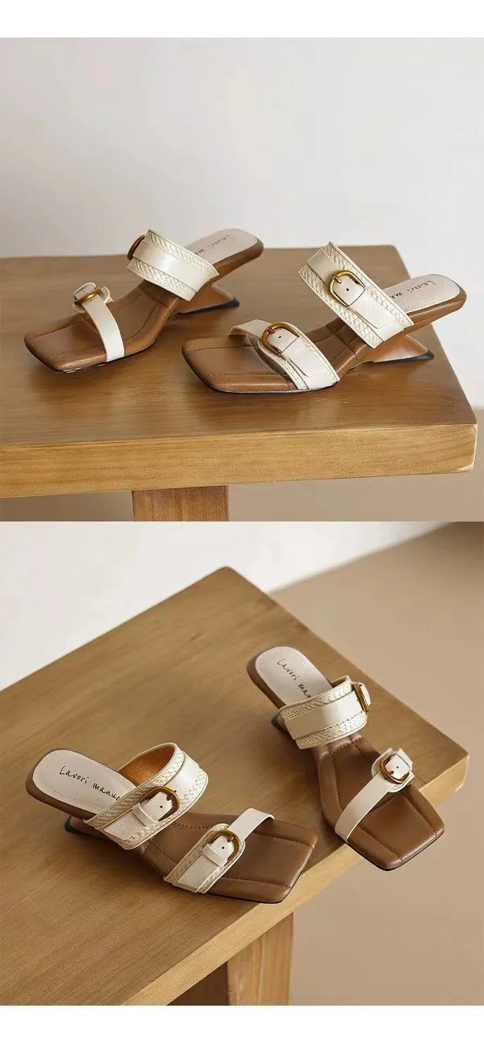 Wedges Vintage Tressé Bout Carré Femme – Boucle Ceinture Bout Ouvert Talon Haut Été